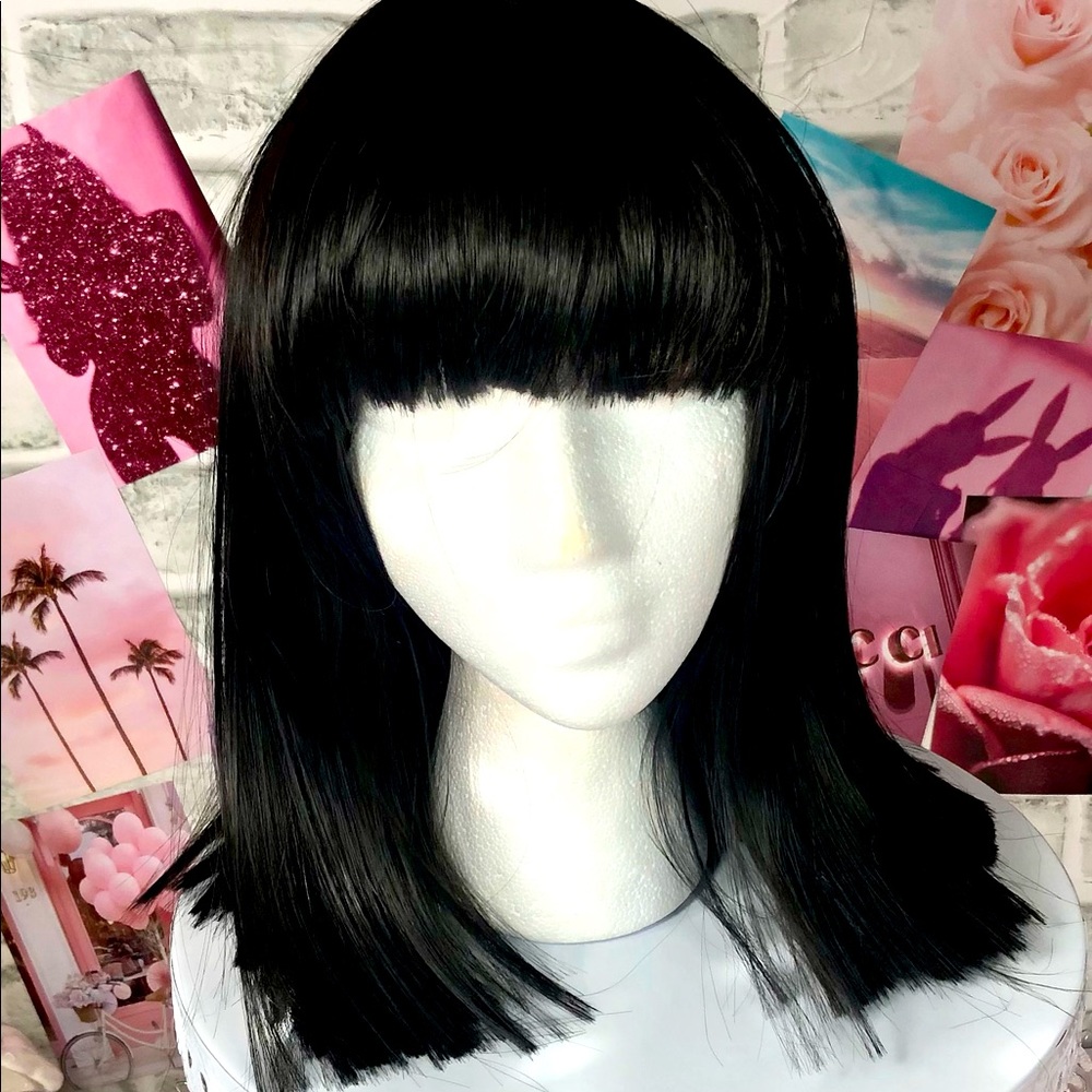 Darkest Brown/Black Straight Shoulder Length Synthetic Wig with Bangs